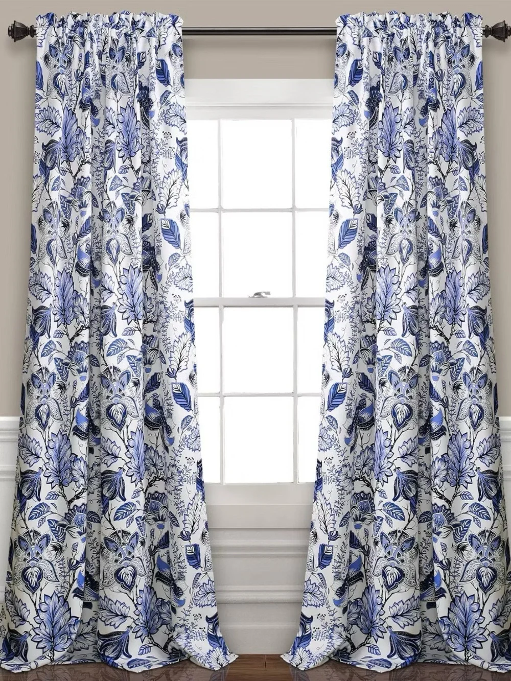 Half Moon Blue Floral Print Window Curtains (2 panels)